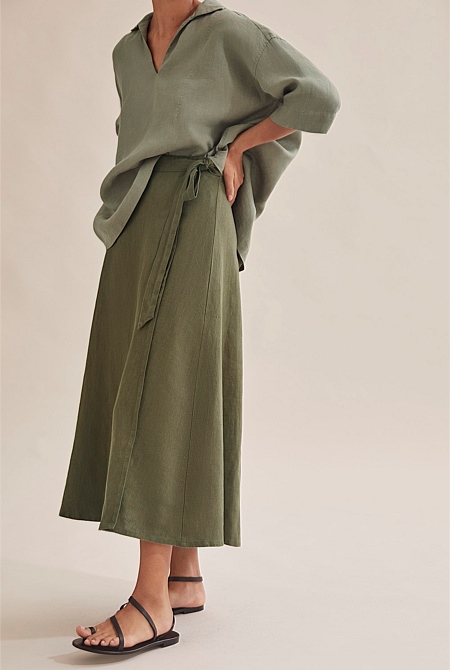Linen Wrap Midi Skirt | Skirts