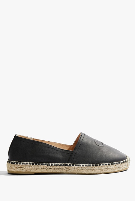 Black Leather CR Logo Espadrille - Flats | Country Road