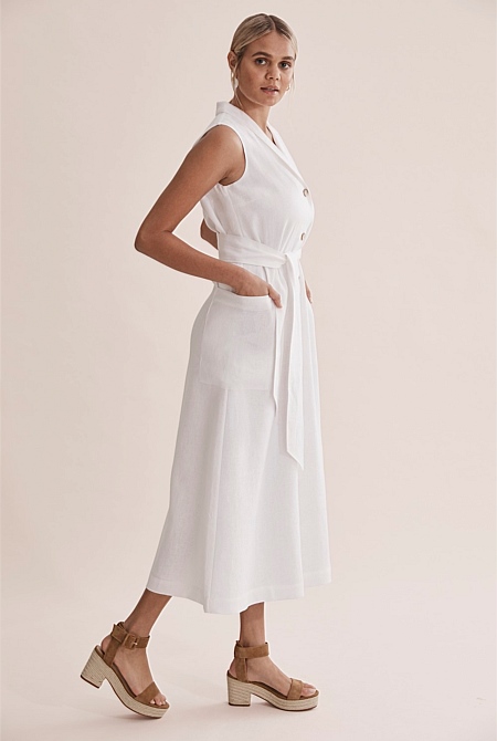 white linen button front dress
