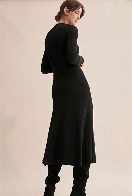 Black Rib Knit Long Sleeve Dress ...