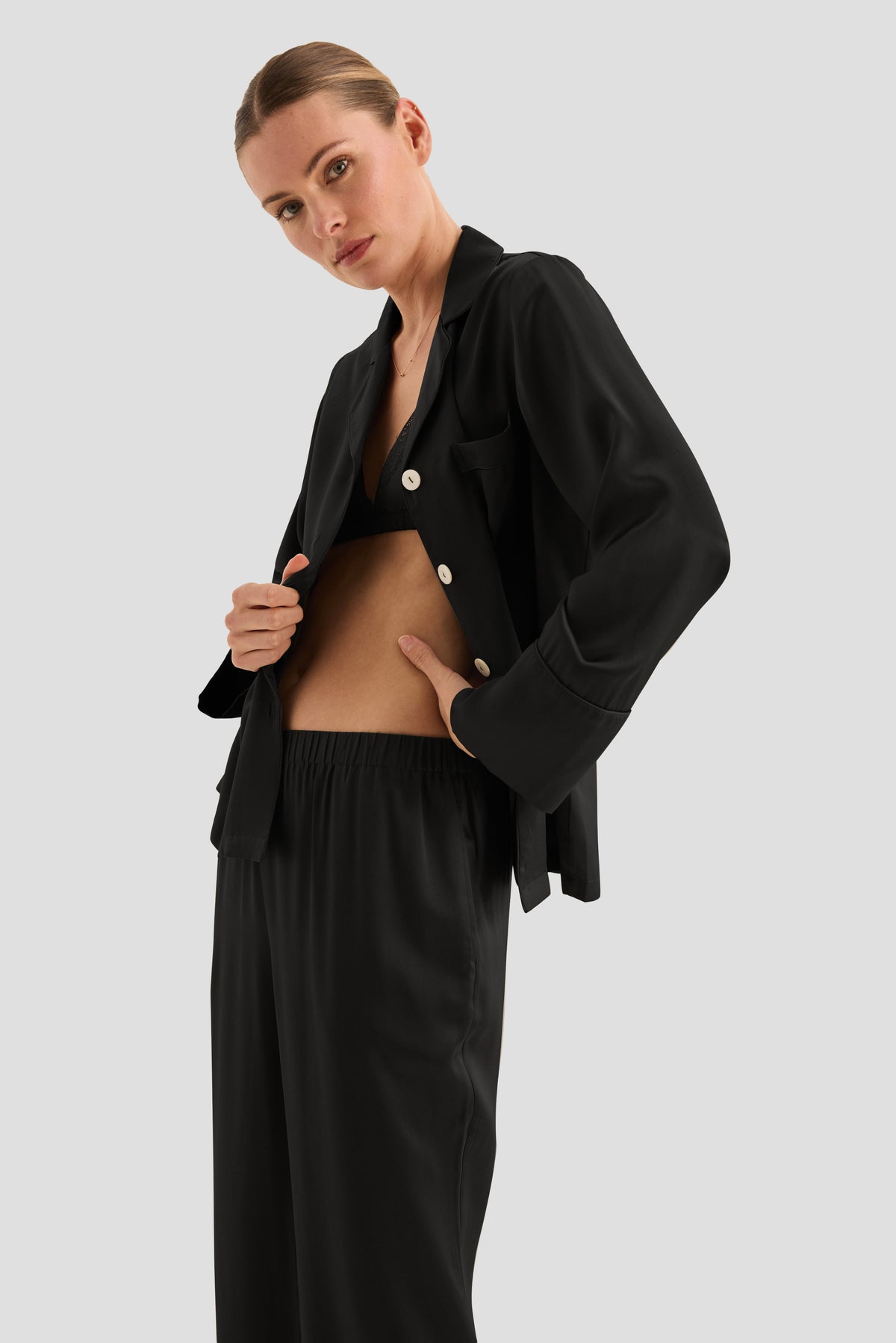 Emerald Pure Silk Long Sleeve Wide Leg Pyjama Set - Black - image 4