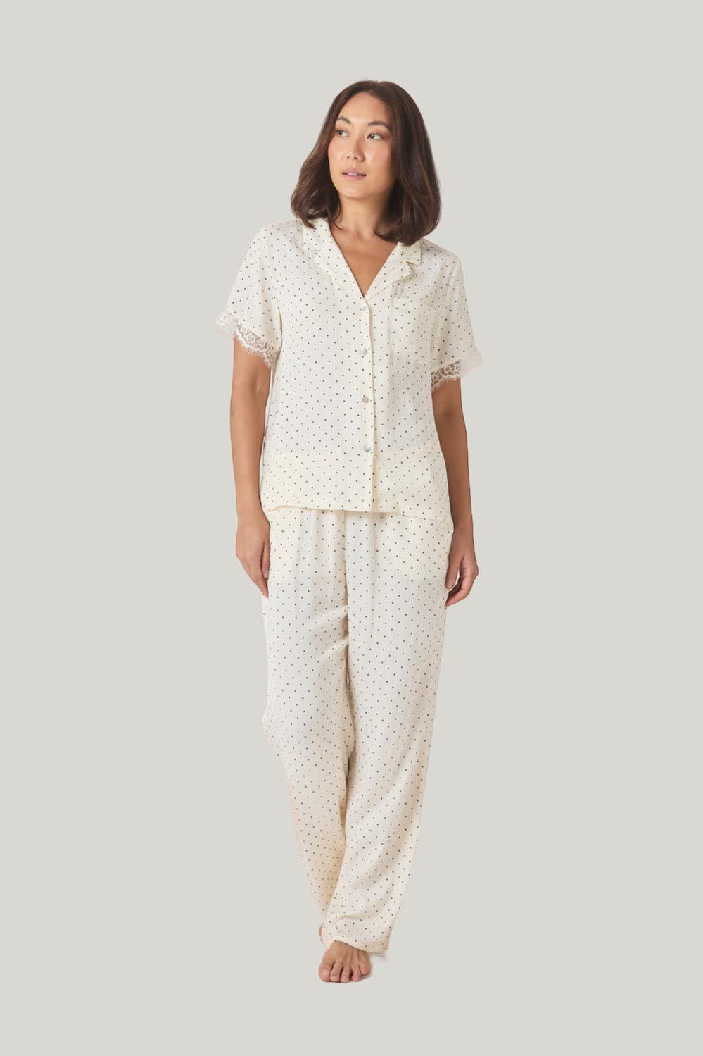 Clarisse Short Sleeve Spot Pj Set - Ivory - image 1