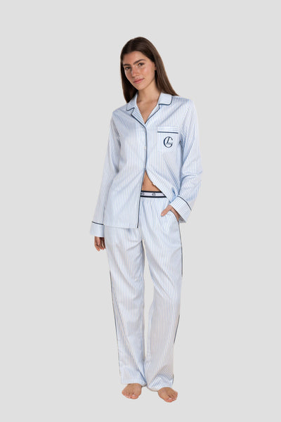Susanna Cotton Long Pj Set - Ciel Blue Stripe - image 1