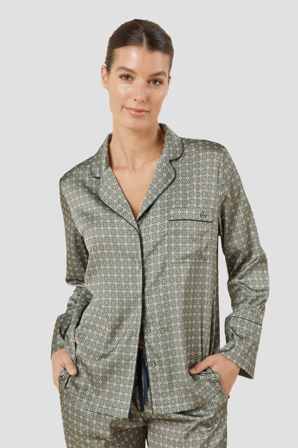 Kienna Geo Printed Silky Satin Pj Set - Olive - image 2