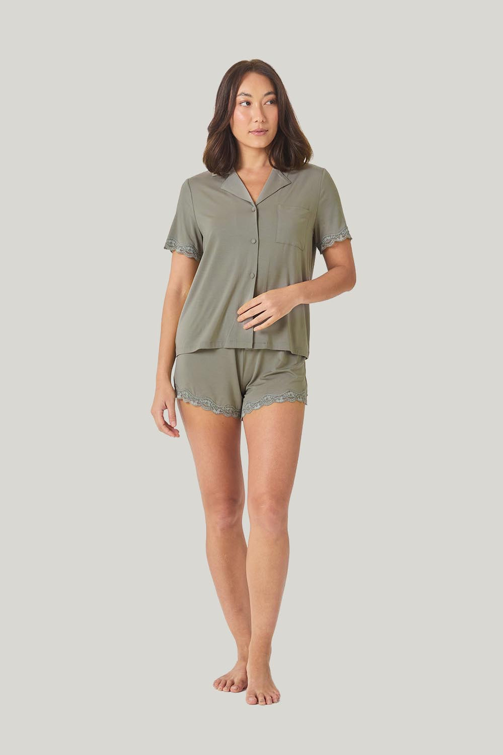 Joni Bamboo Short Set With Lace - Olive - image 1