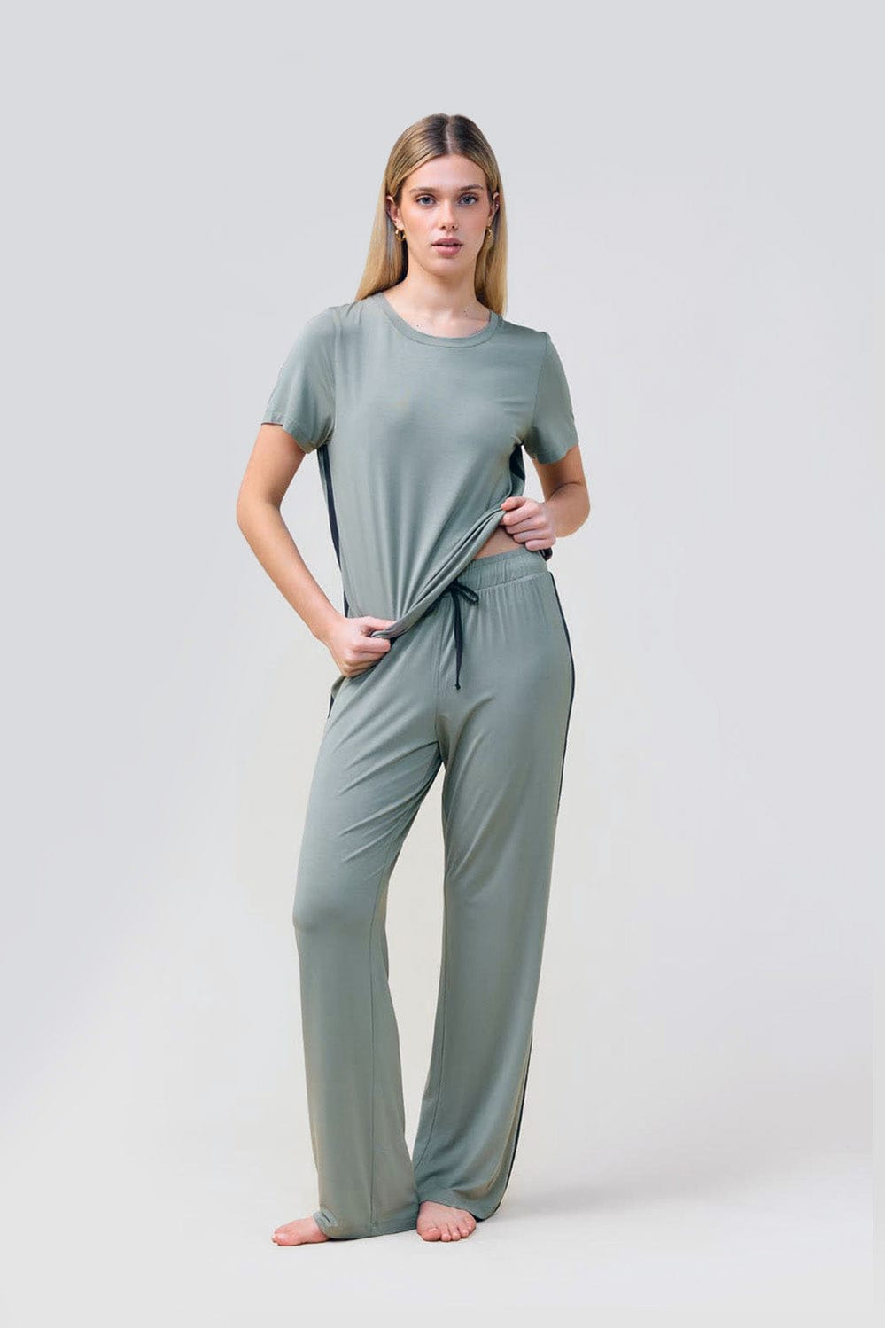 Inez Bamboo Pant With Stripe - Olive - image 2