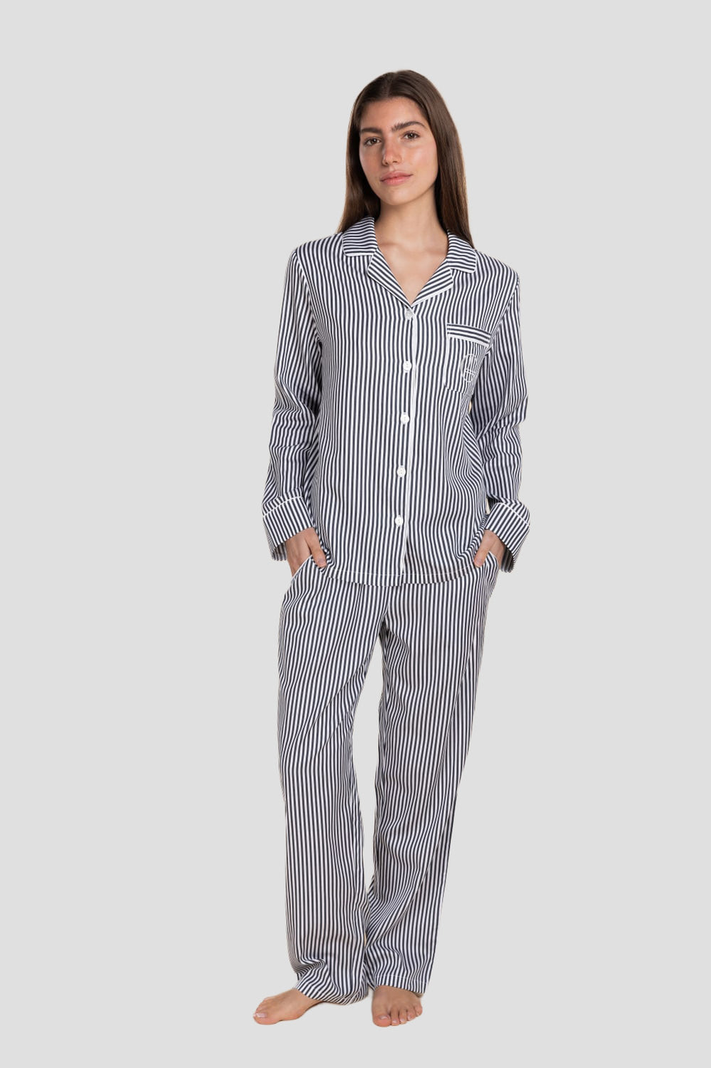 Susanna Cotton Long Pj Set - Navy Pinstripe - image 1