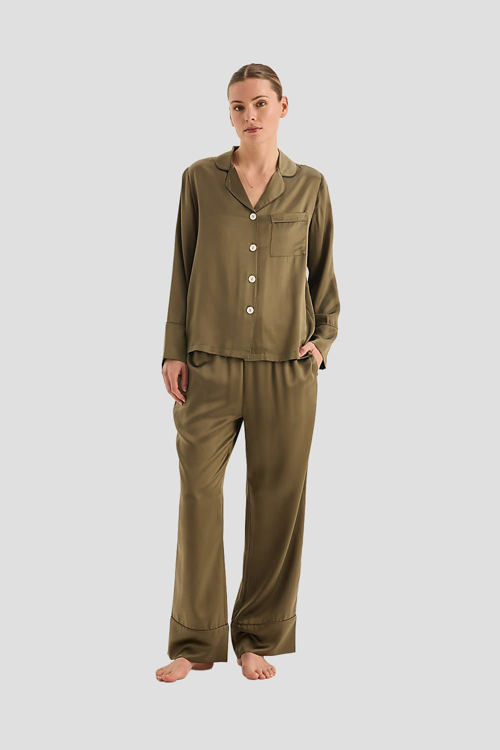 Emerald Pure Silk Long Sleeve Wide Leg Pyjama Set - Olive - image 1