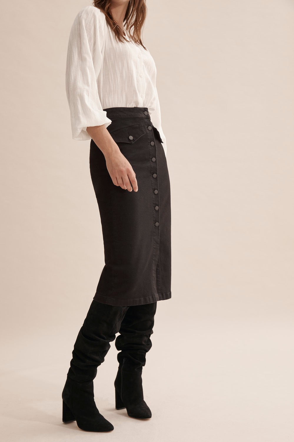 Button Midi Denim Skirt