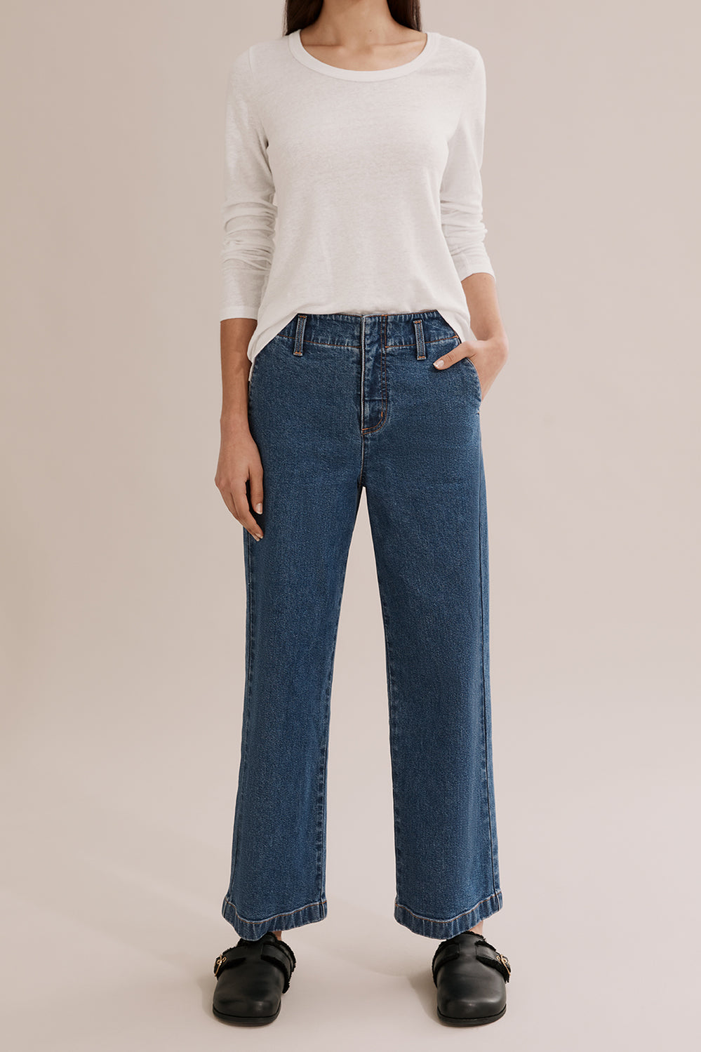 Cotton Blend High Rise Wide Leg Jean