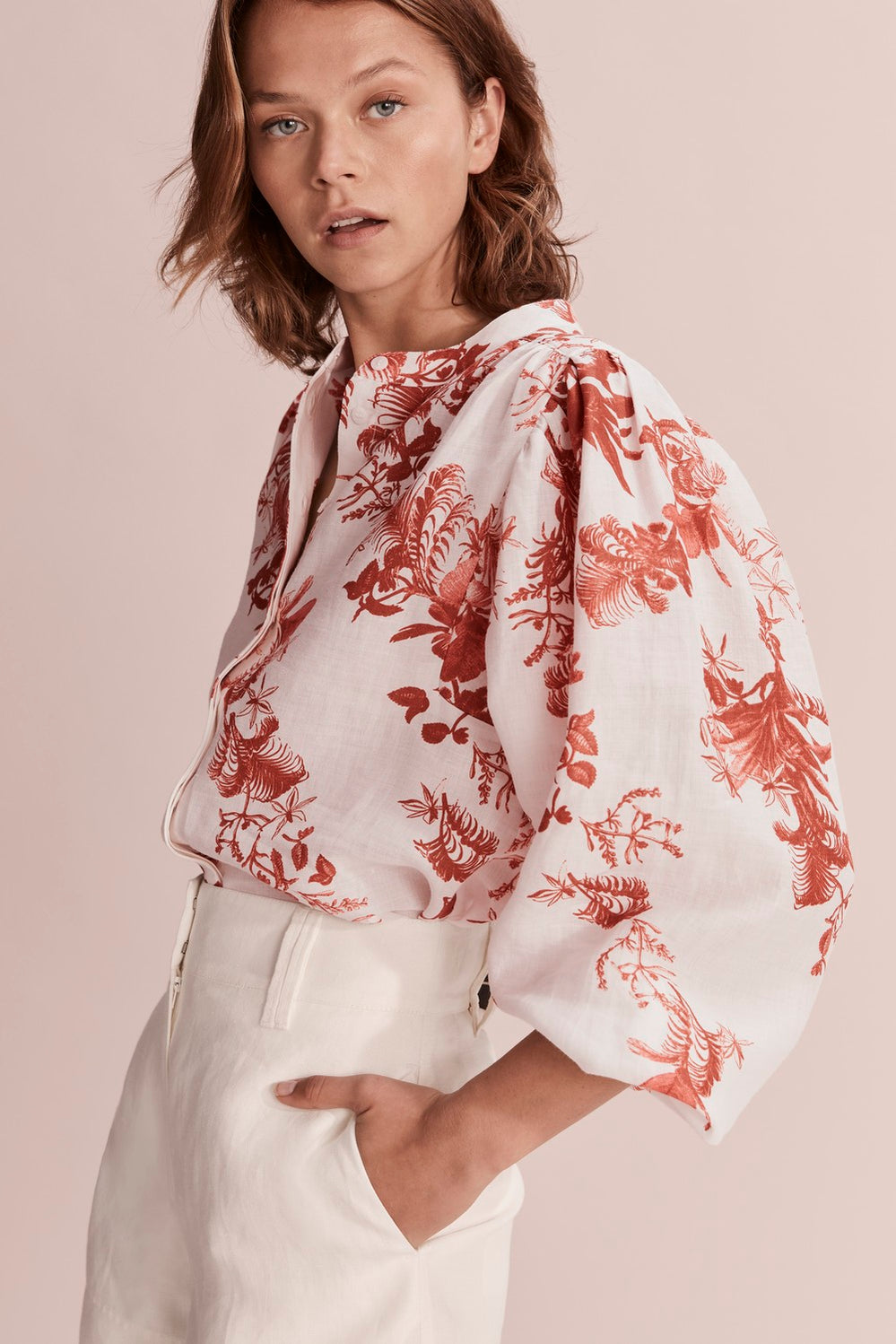 Print Button Front Blouse