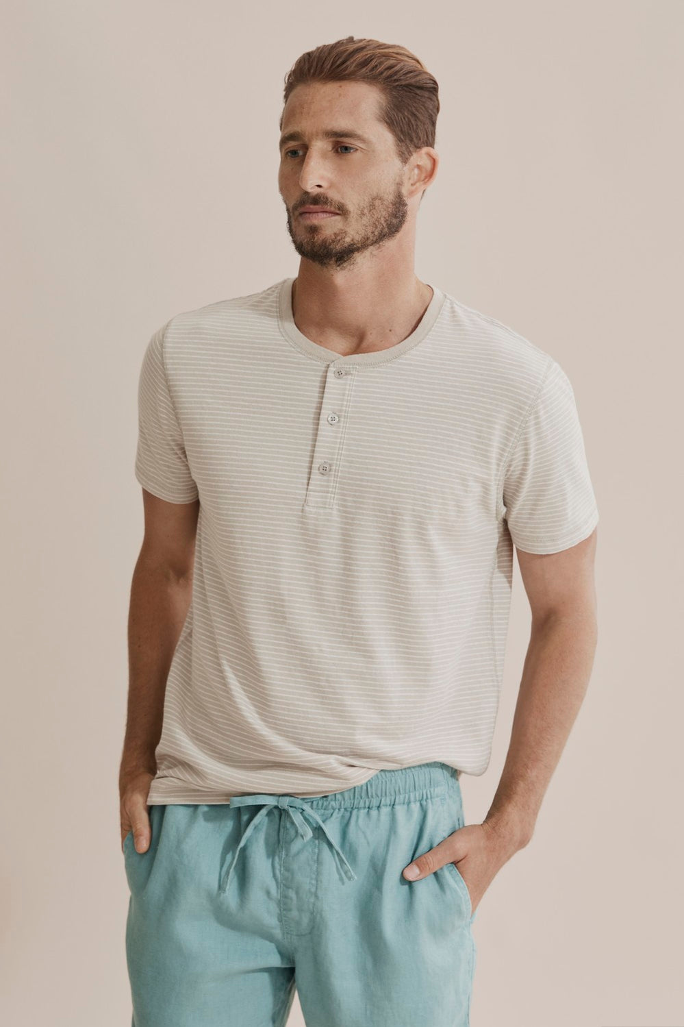 Short Sleeve Stripe Cotton Linen Henley