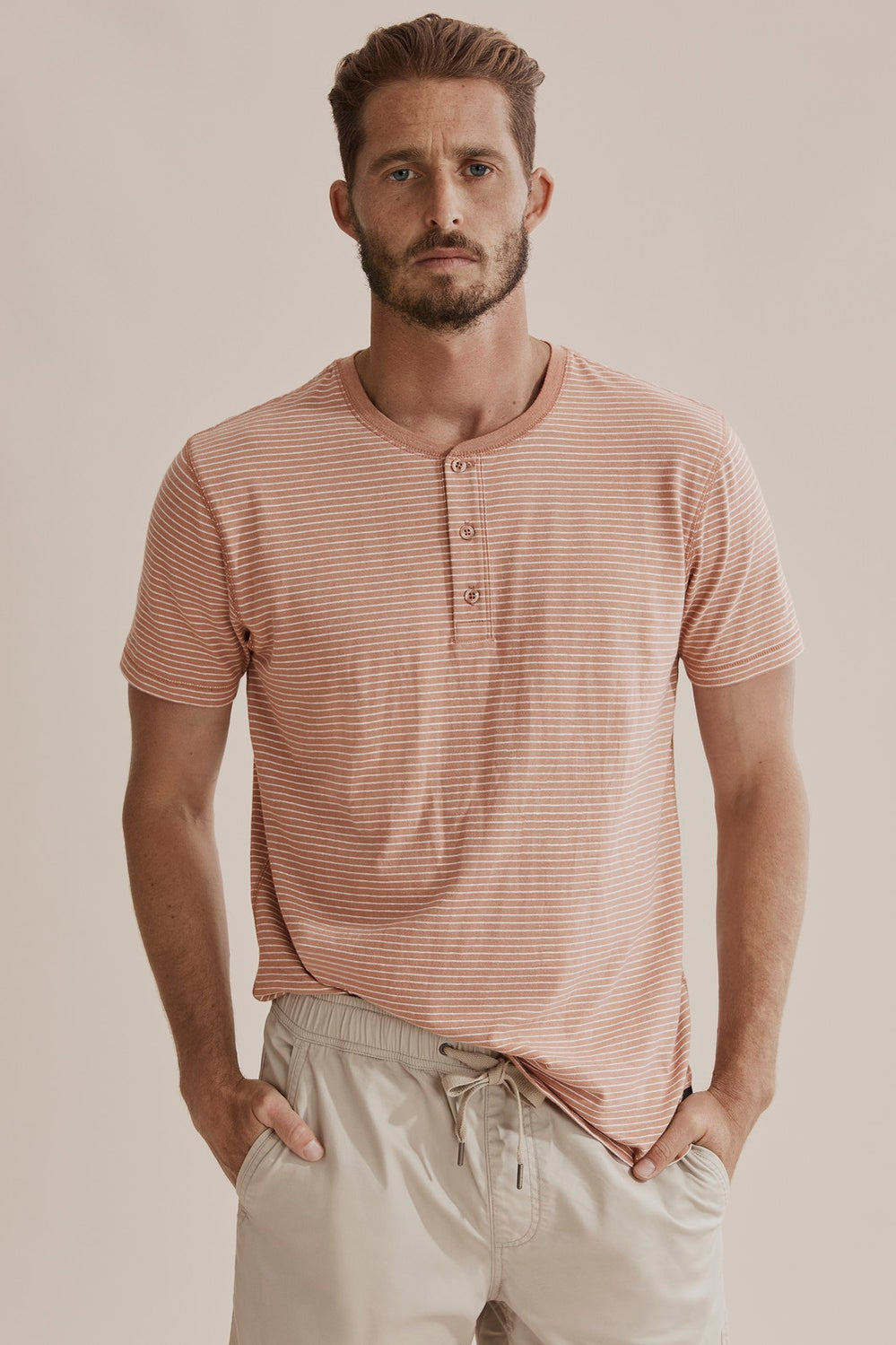 Short Sleeve Stripe Cotton Linen Henley
