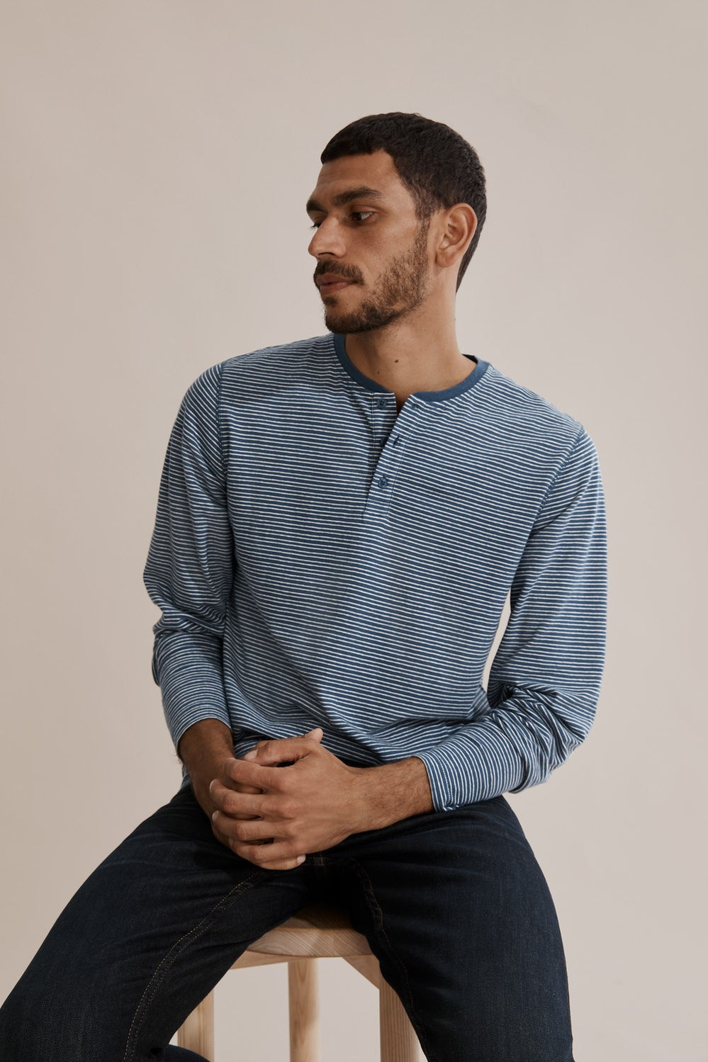 Long Sleeve Stripe Cotton Linen Henley