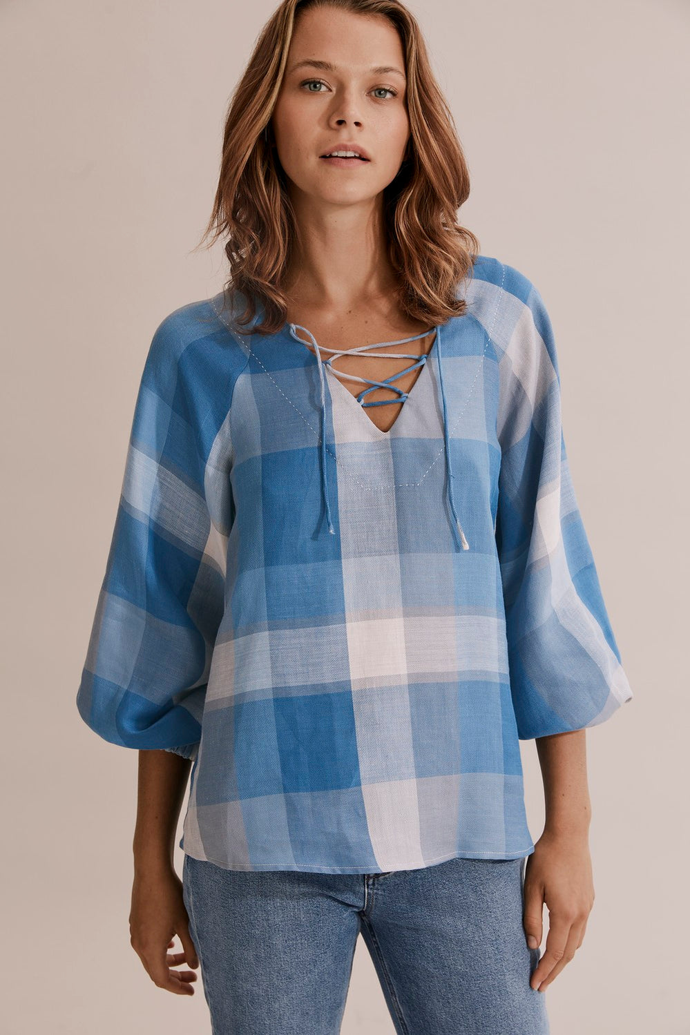 Check Lace Front Blouse
