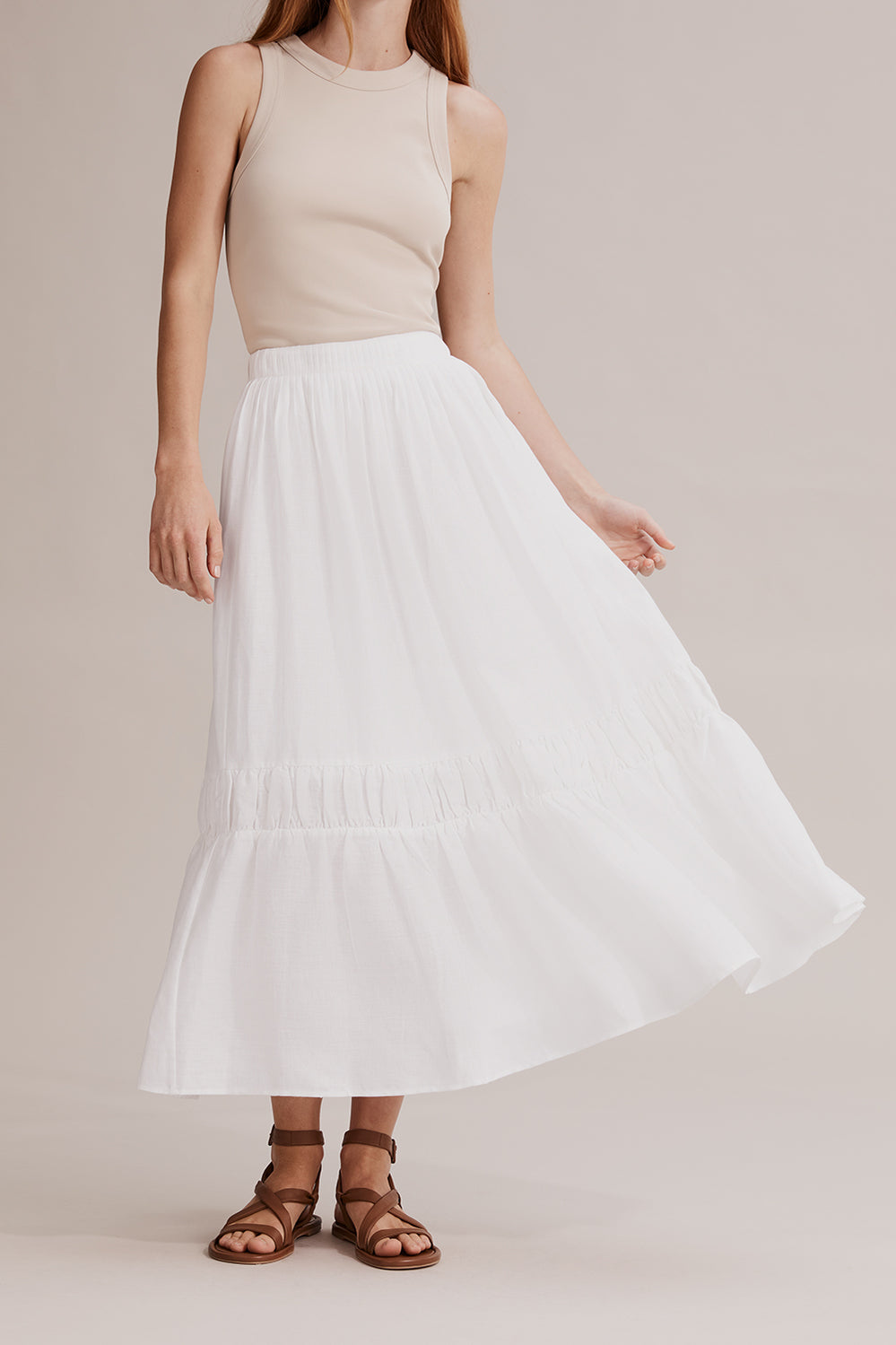 French Linen Ruched Tiered Maxi Skirt