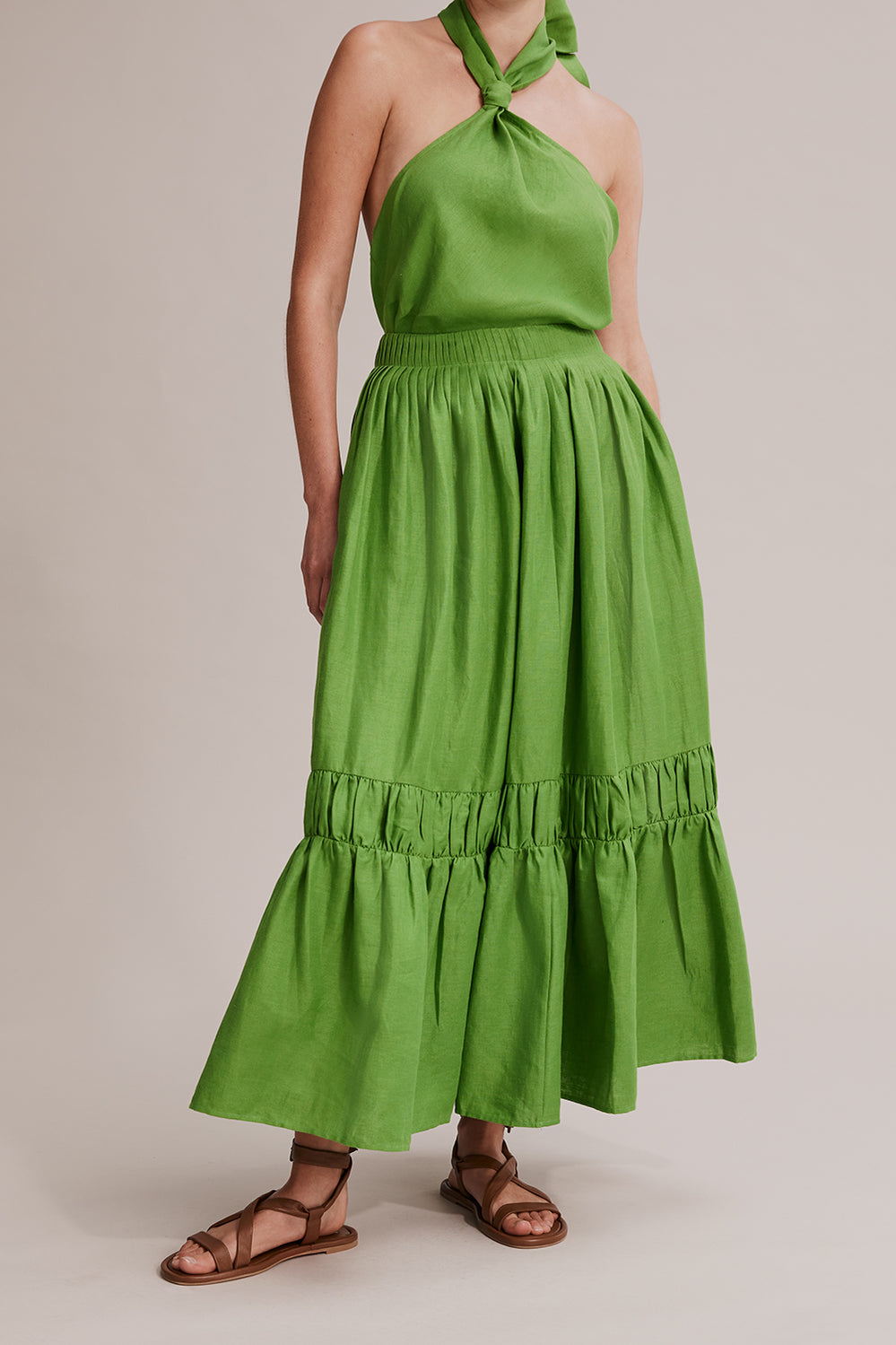 French Linen Ruched Tiered Maxi Skirt