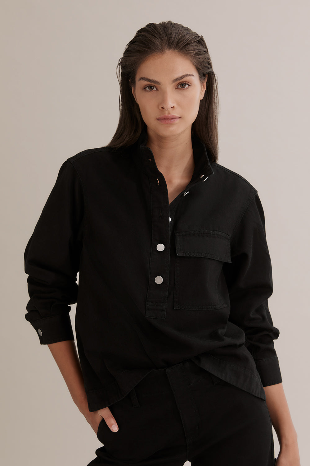 Cotton High Collar Denim Shirt