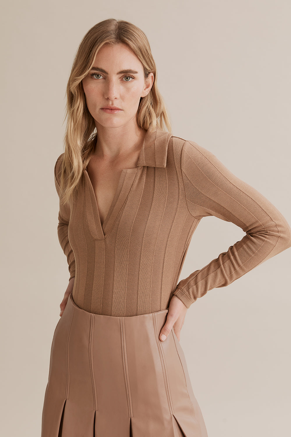 Rib Polo Long Sleeve Top