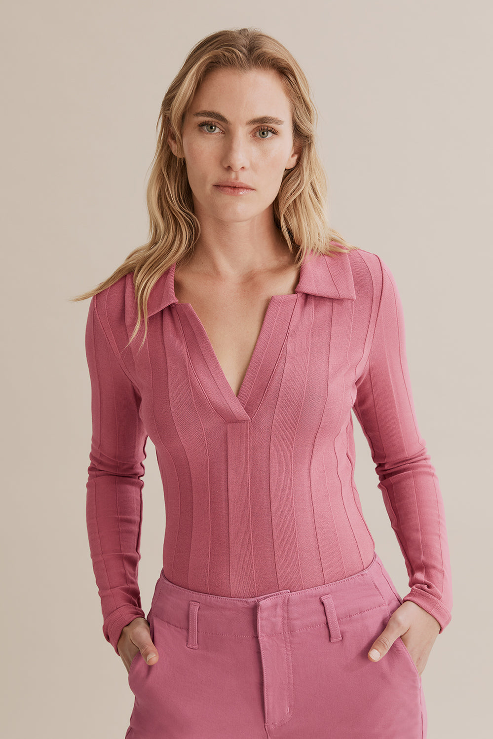 Rib Polo Long Sleeve Top