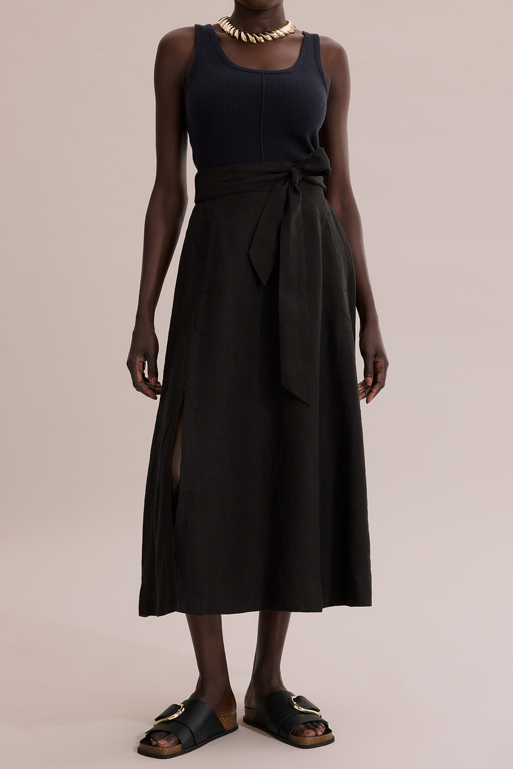 Linen Tie Front Pull-On Skirt