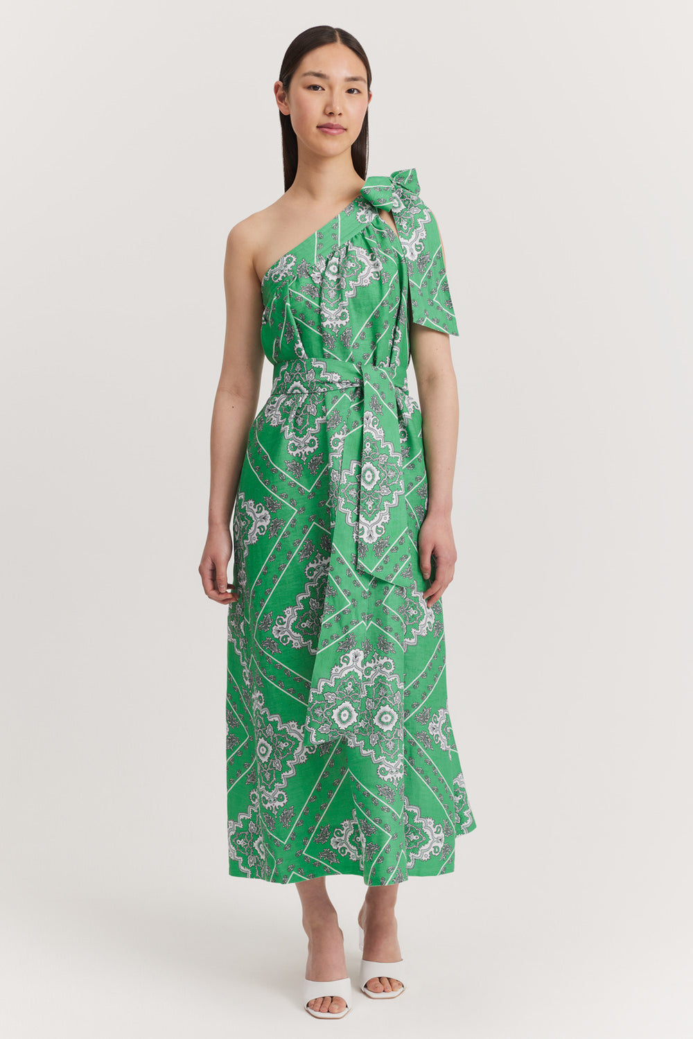 Linen Print Asymmetrical Midi Dress