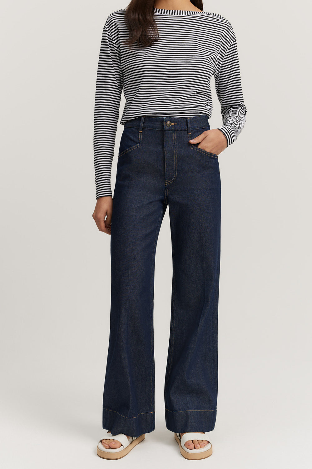 Cotton Blend High Rise Wide Leg Jean