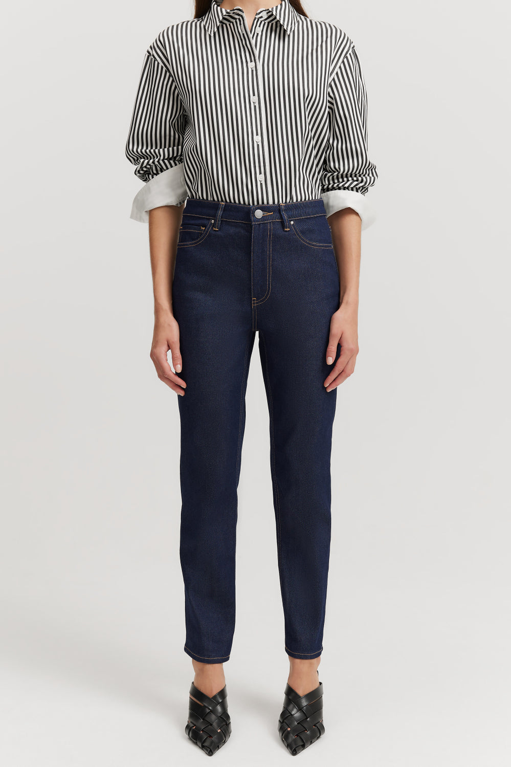 Cotton Blend High Rise Straight Leg Jean