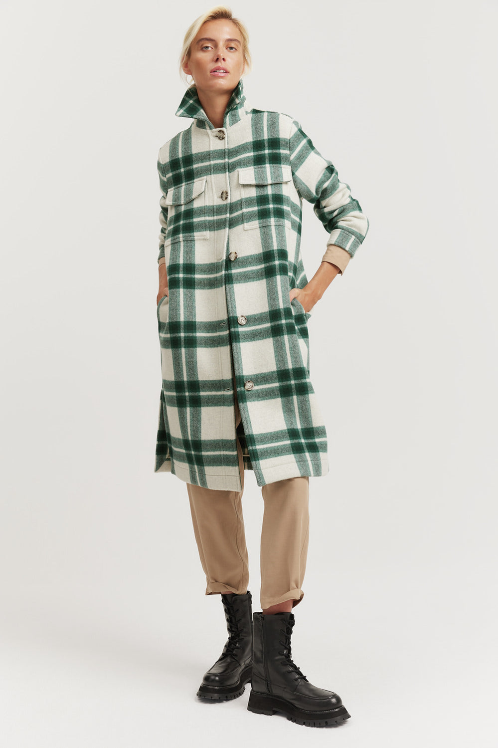 Pocket Detail Check Coat