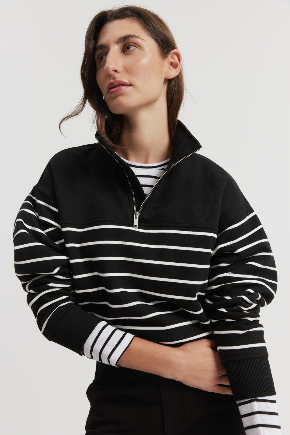 Cotton Stripe Zip Collar Sweat