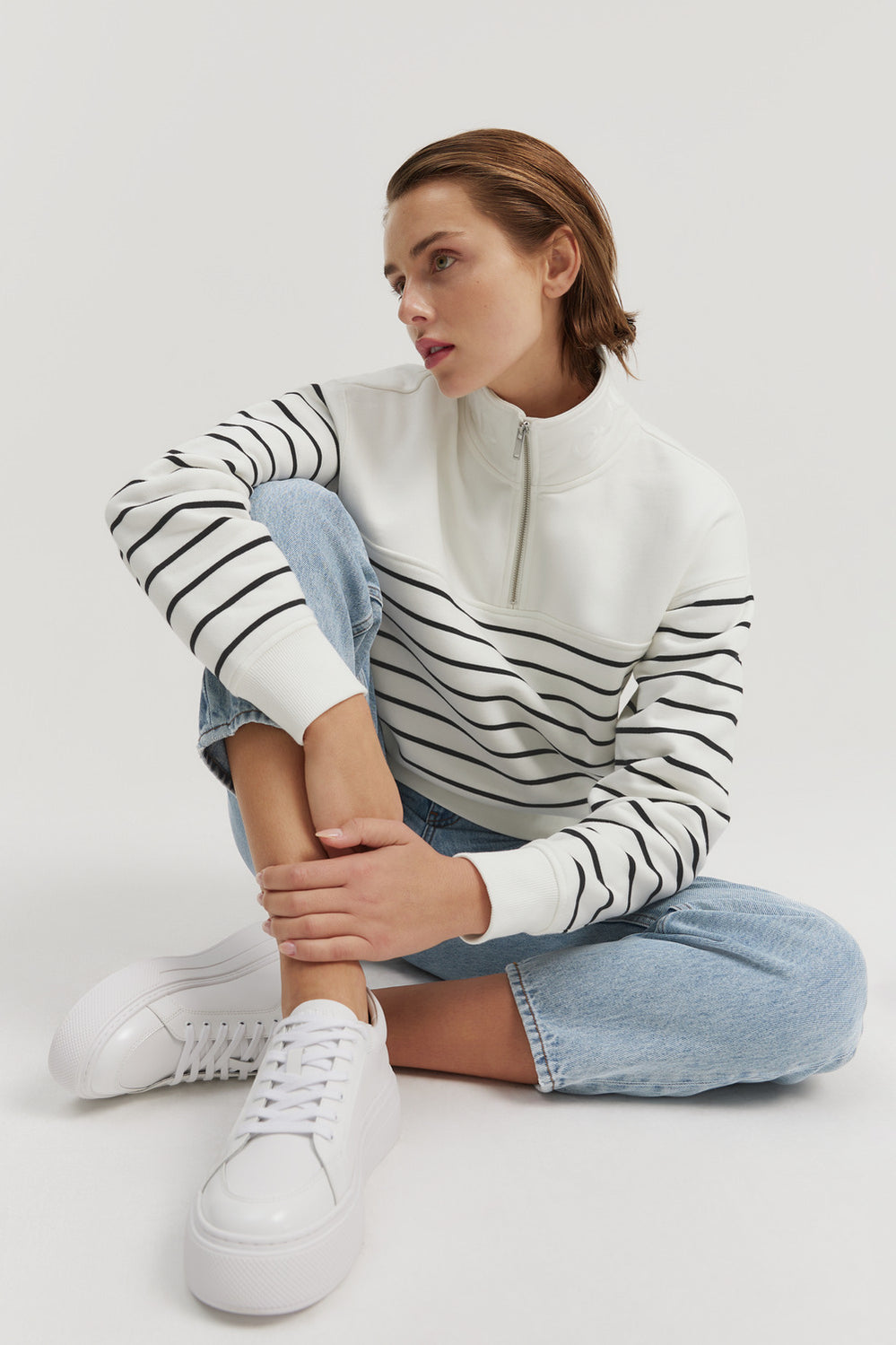 Cotton Stripe Zip Collar Sweat