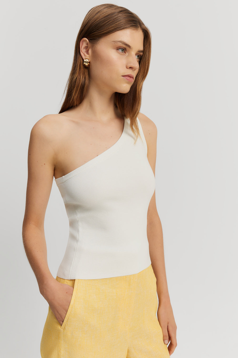 Cotton Blend One Shoulder Knit Tank