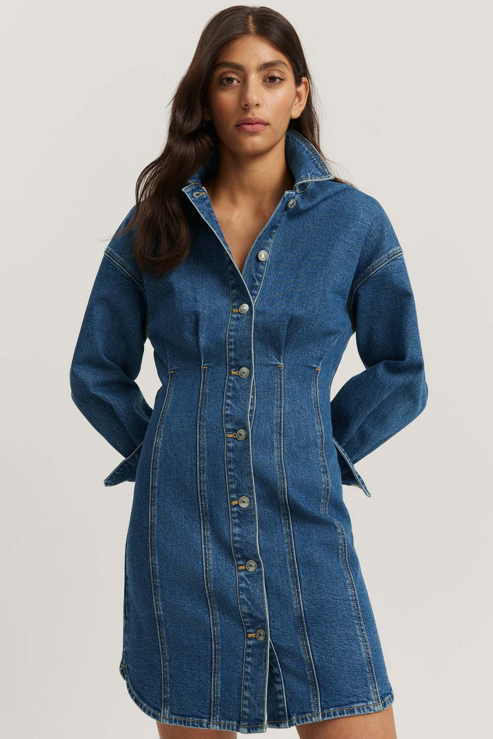 Cotton Blend Denim Panelled Mini Dress