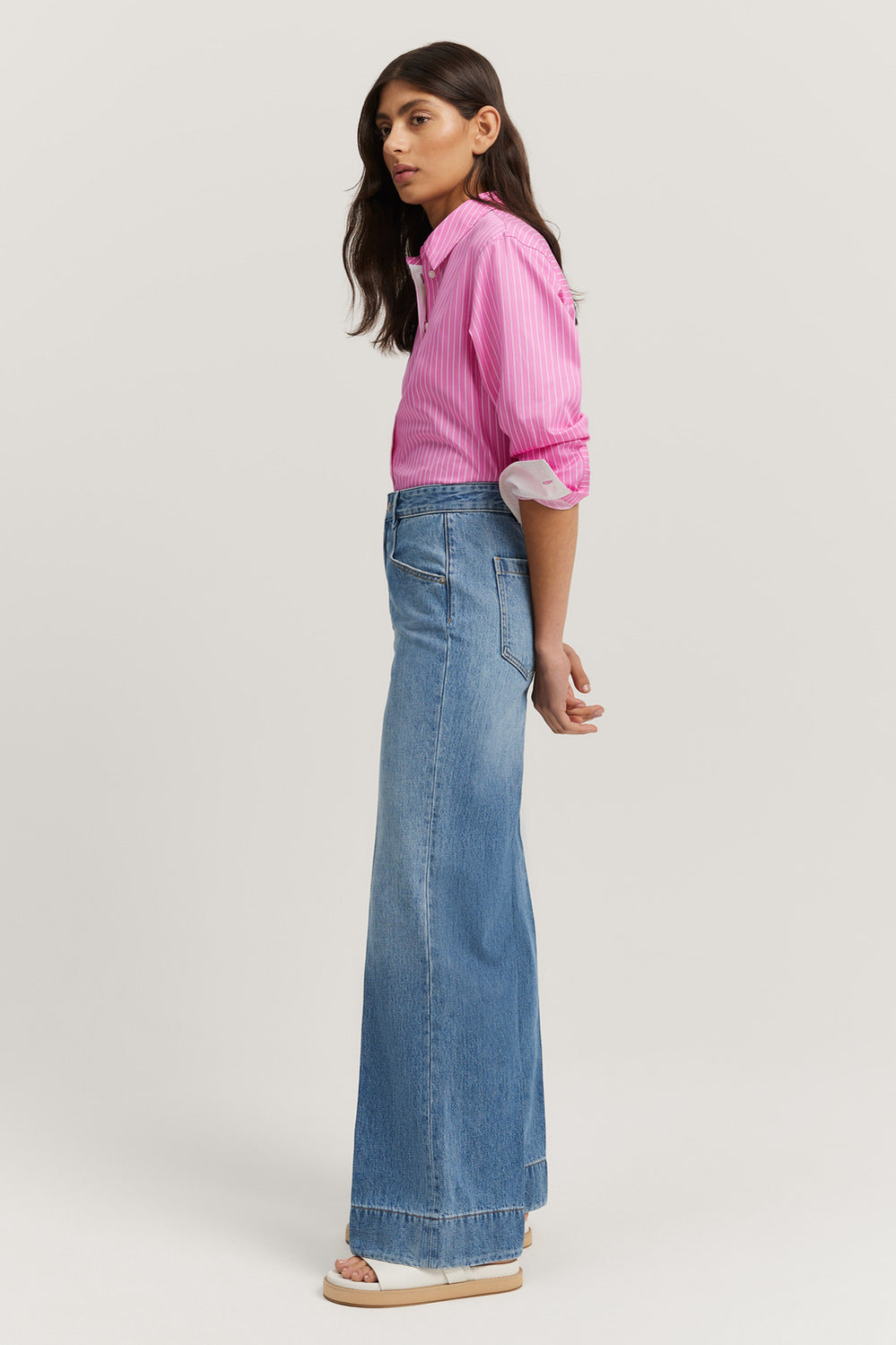 Cotton Blend High Rise Wide Leg Jean