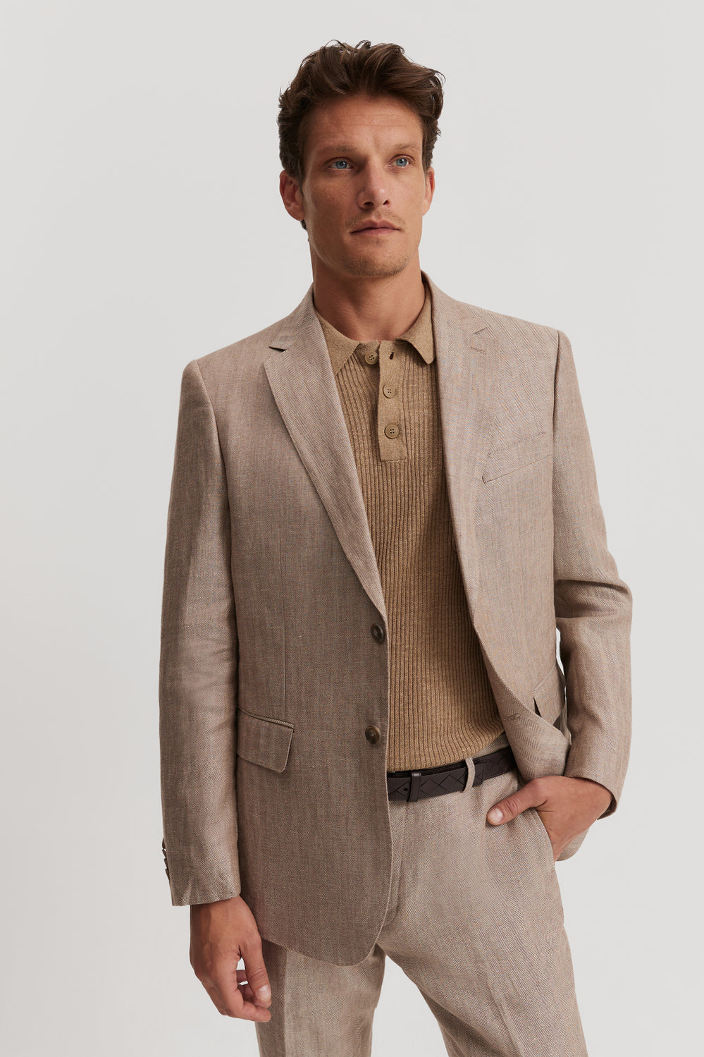 Regular Fit Half Lined Linen Herringbone Jacket