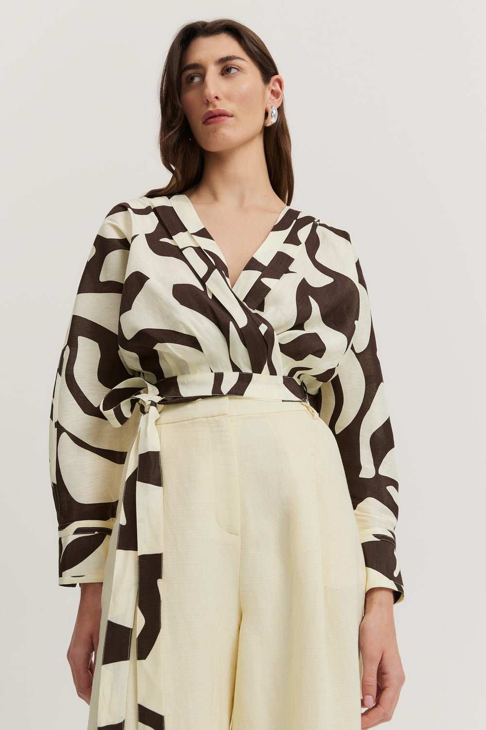 Linen Blend Print Wrap Blouse