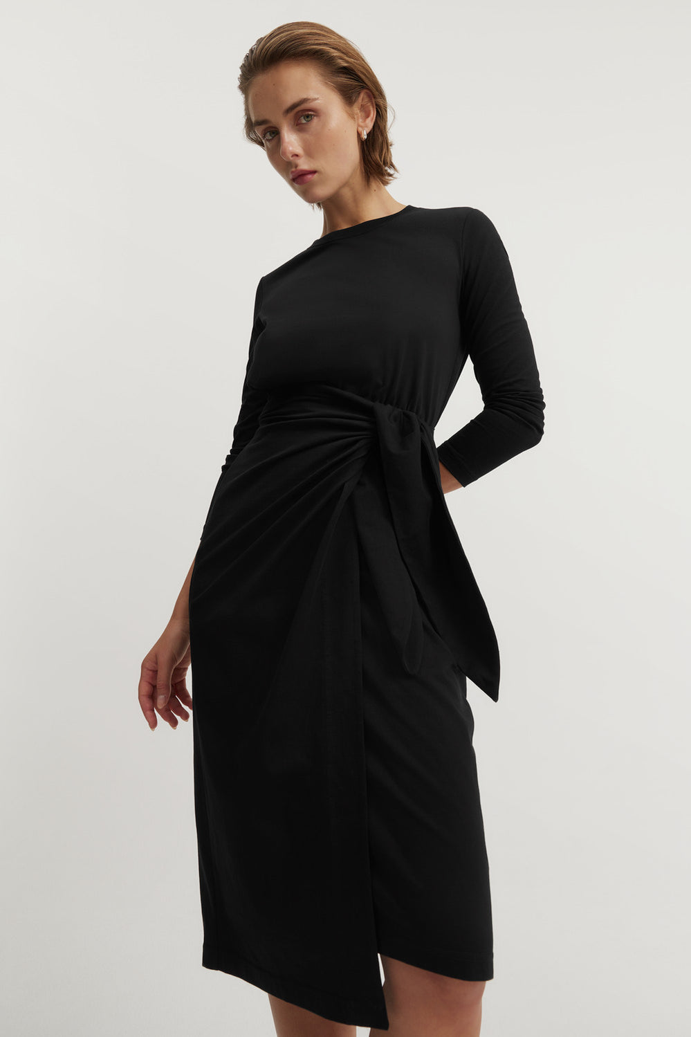 Cotton Long Sleeve Tie Front Dress
