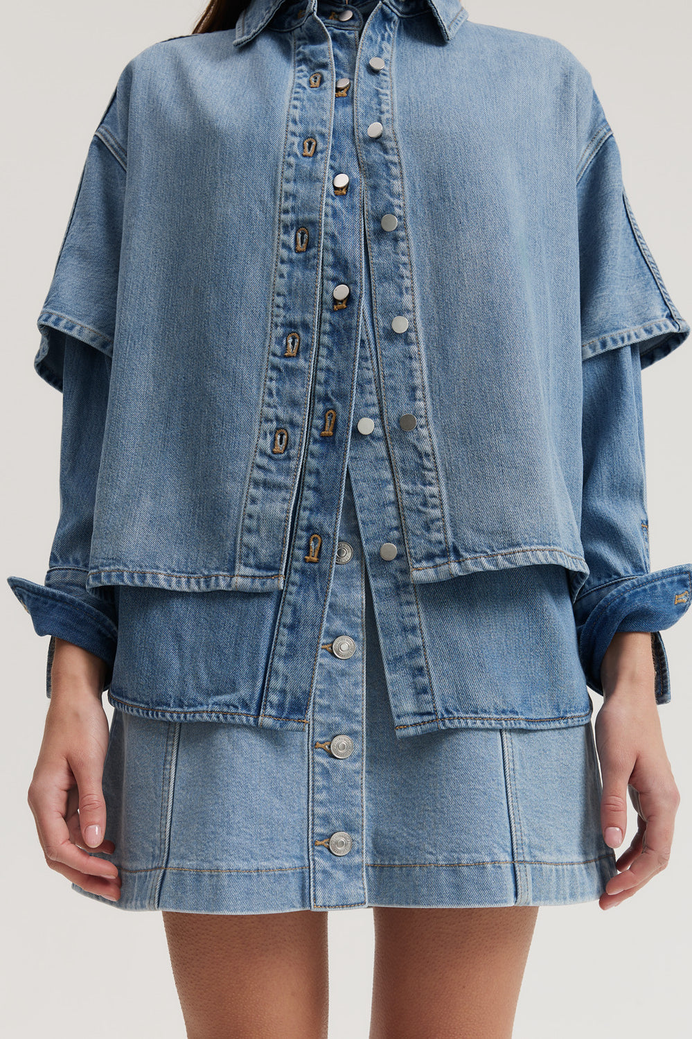 Cotton Blend Denim Button-Through Skirt