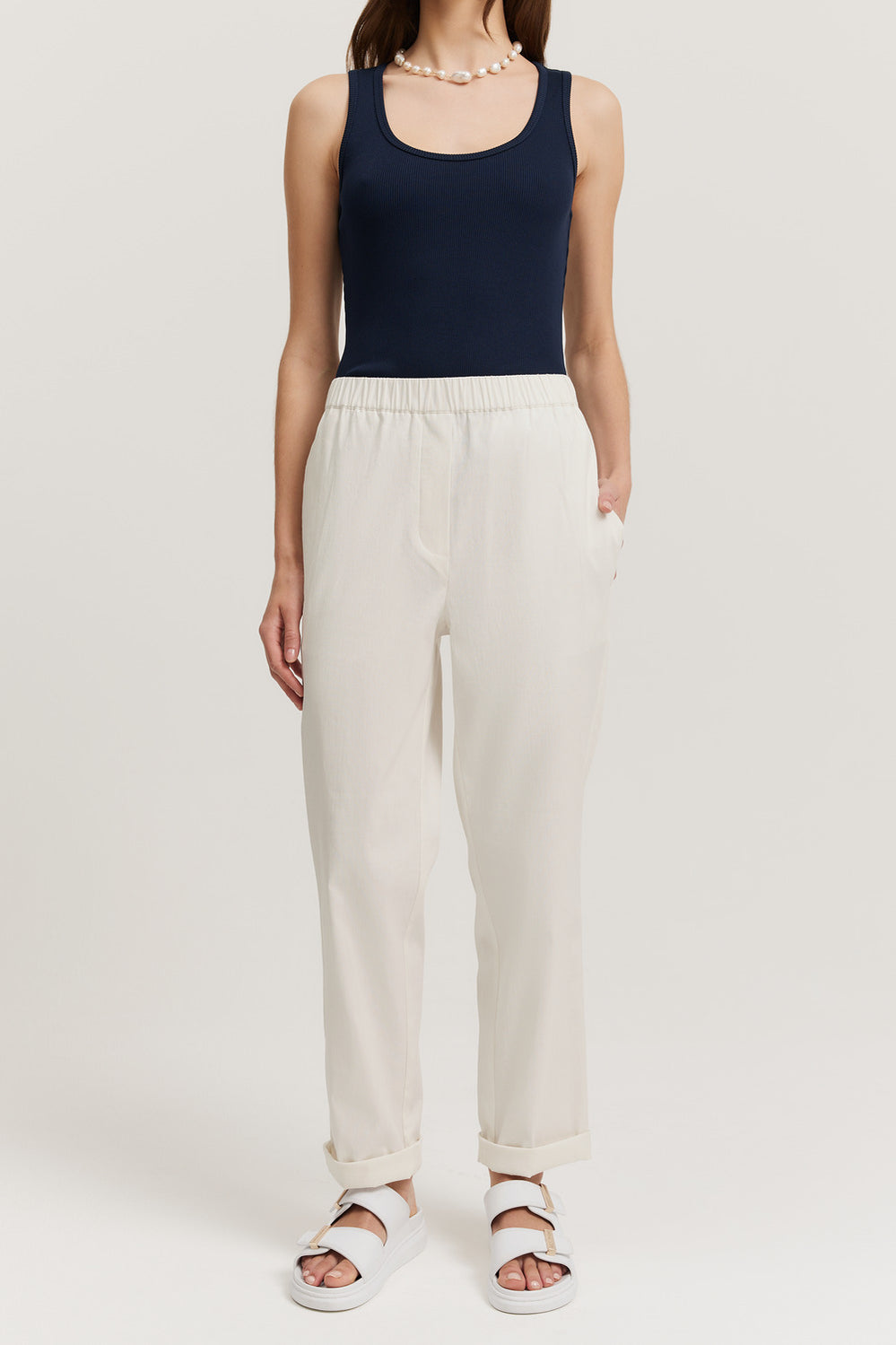 Cotton Blend Pull-On Tapered Pintuck Pant