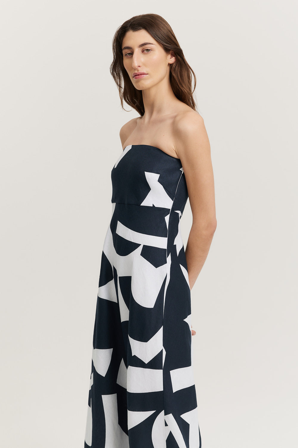 Linen Print Strapless Dress