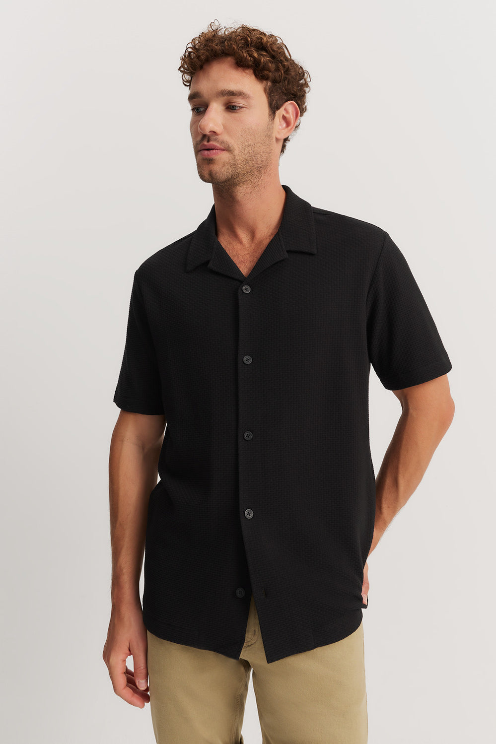 Cotton Blend Textured Knit Short Sleeve Shirt