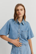Cotton Blend Denim Short Sleeve Denim Shirt