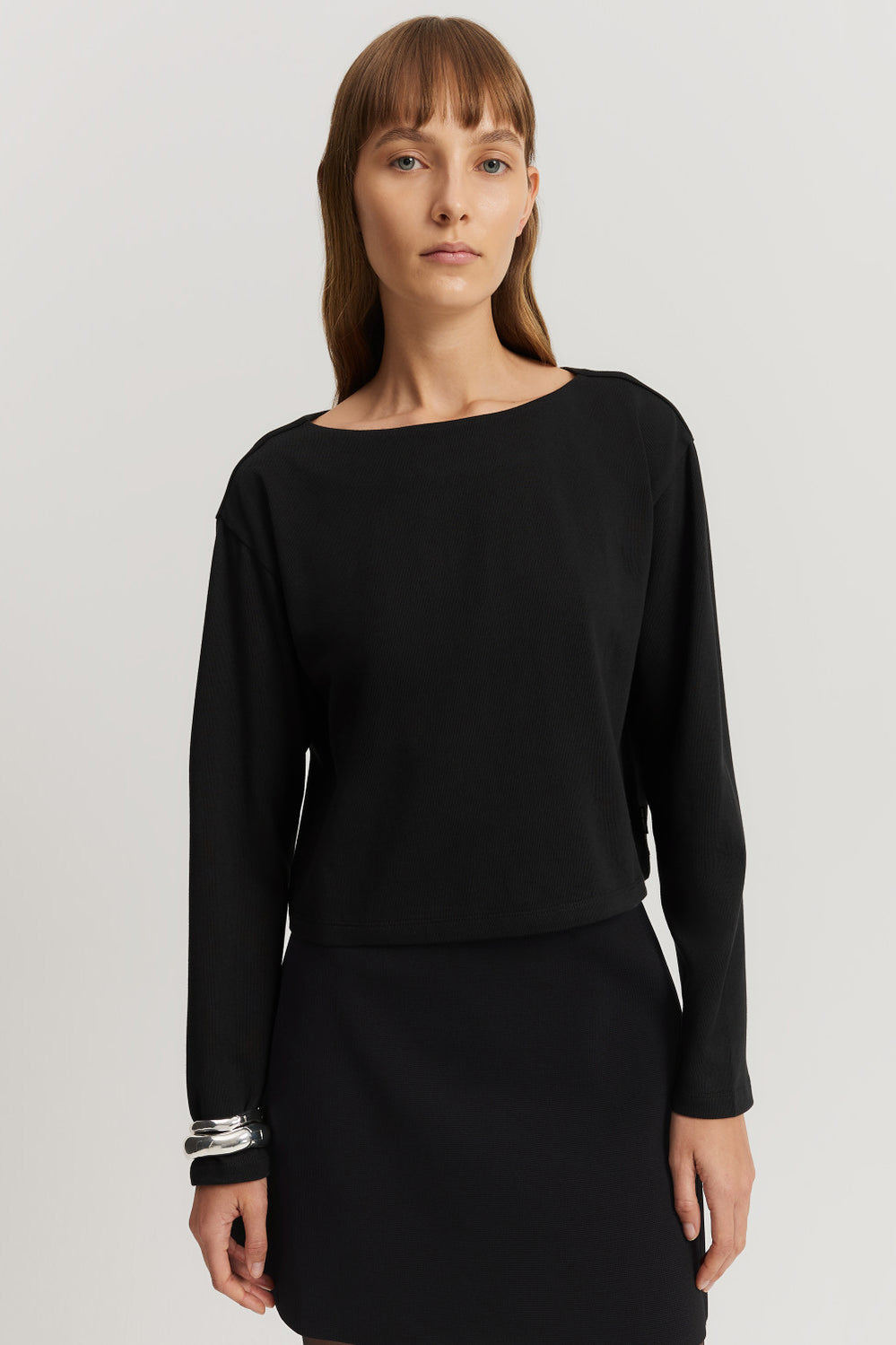 Cotton Long Sleeve Boat Neck T-Shirt