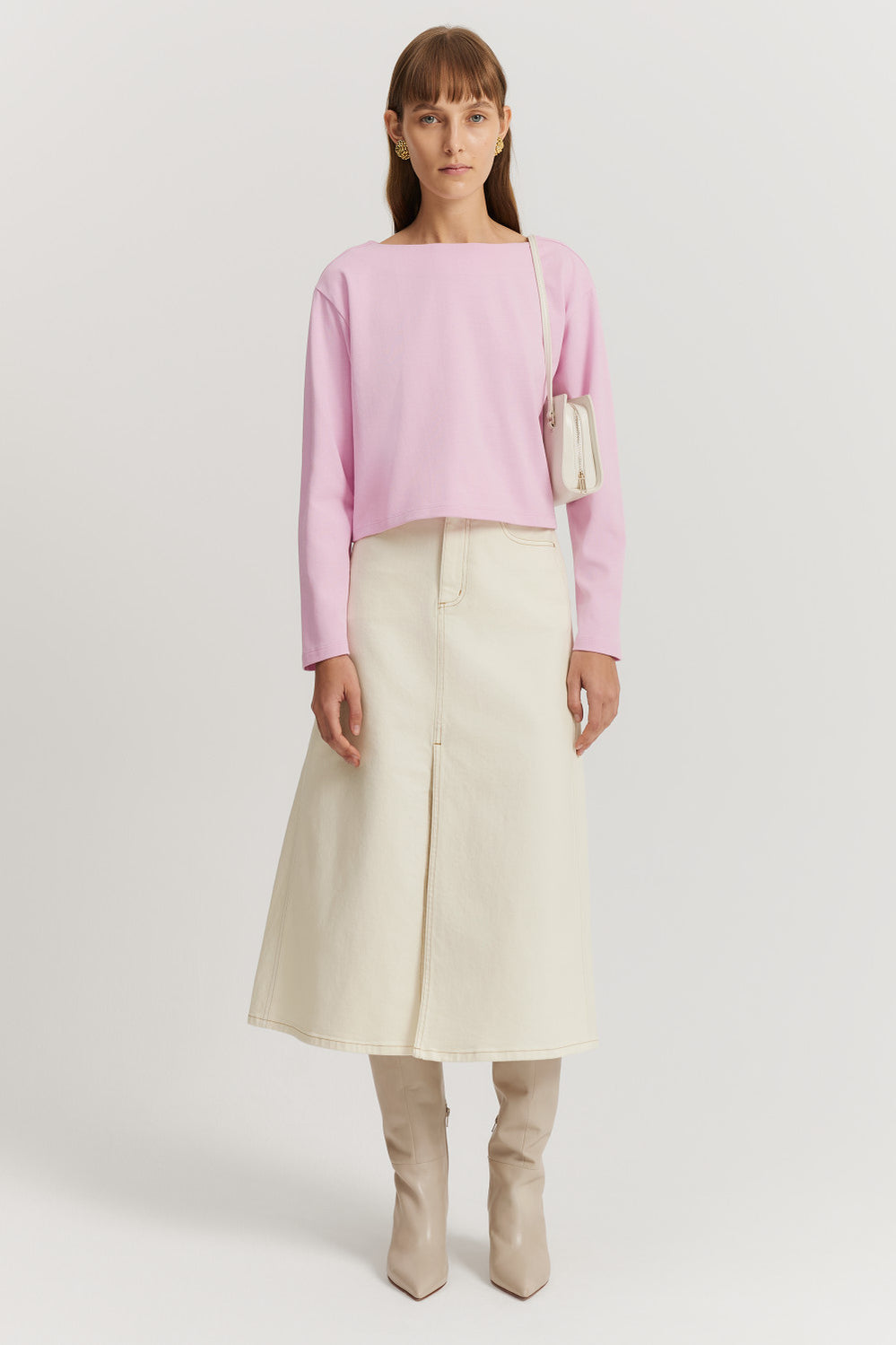 Cotton Long Sleeve Boat Neck T-Shirt