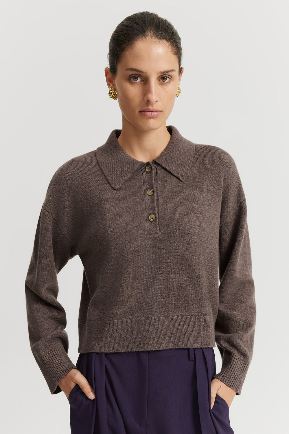 Organically Grown Cotton Blend Crop Polo Neck Knit