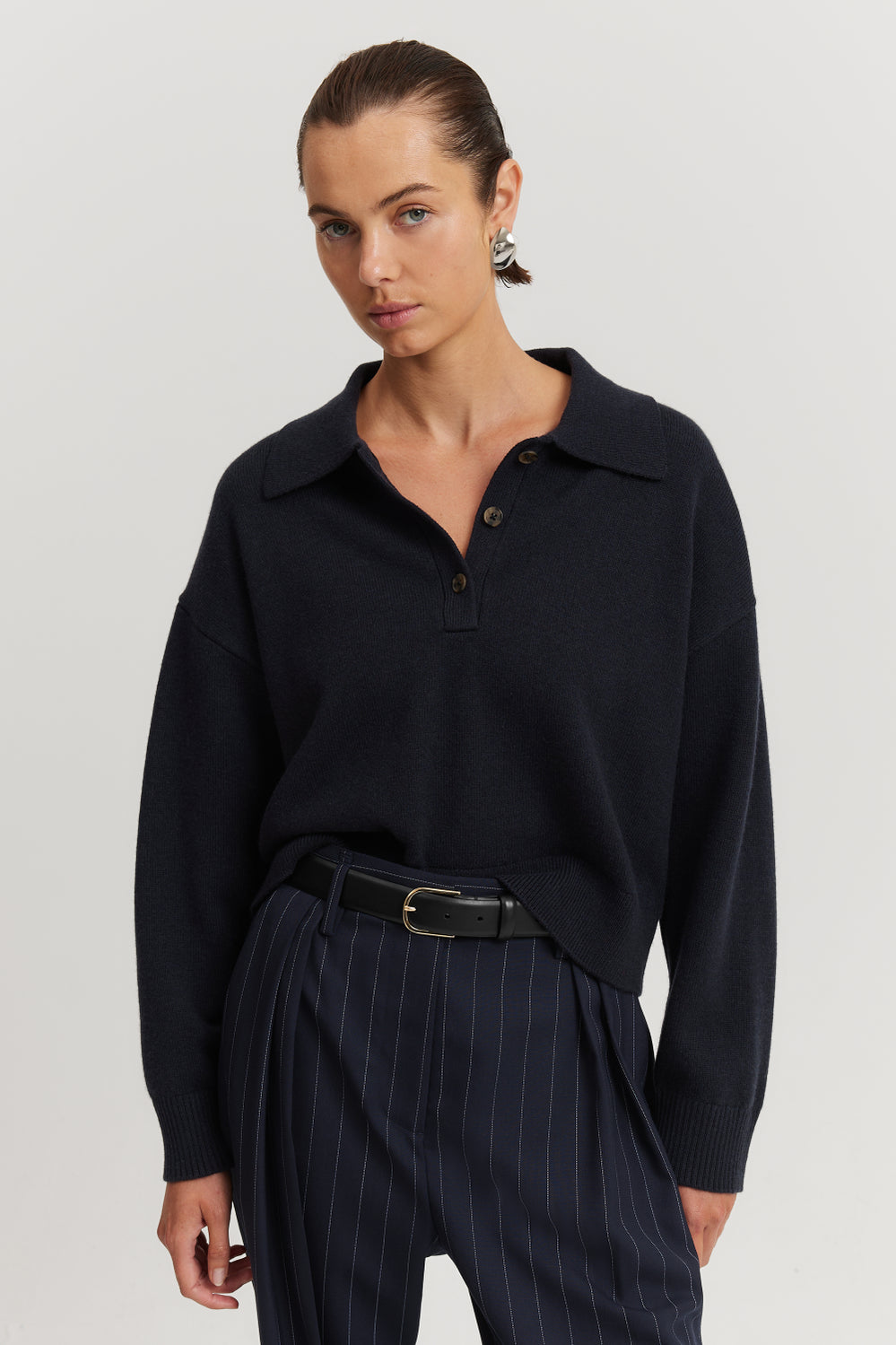 Organically Grown Cotton Blend Crop Polo Neck Knit