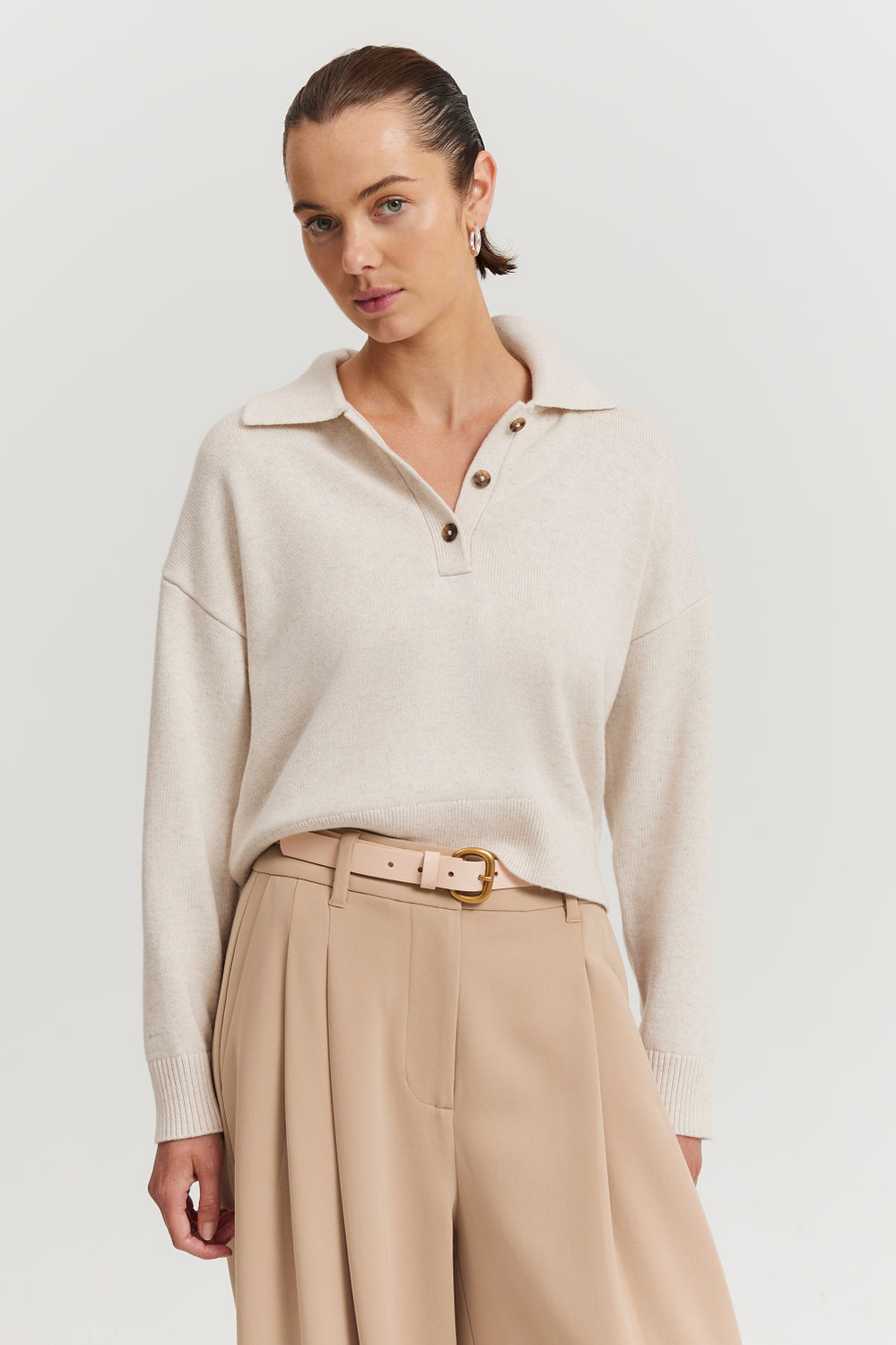 Organically Grown Cotton Blend Crop Polo Neck Knit