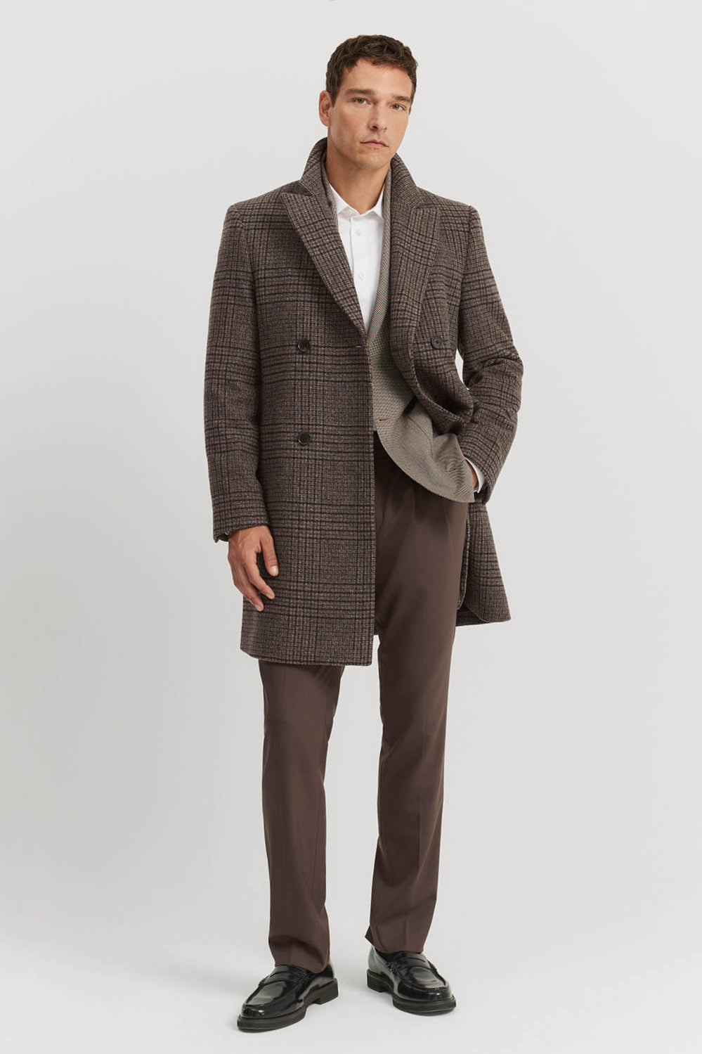 Wool Blend Check Double-Breasted Coat
