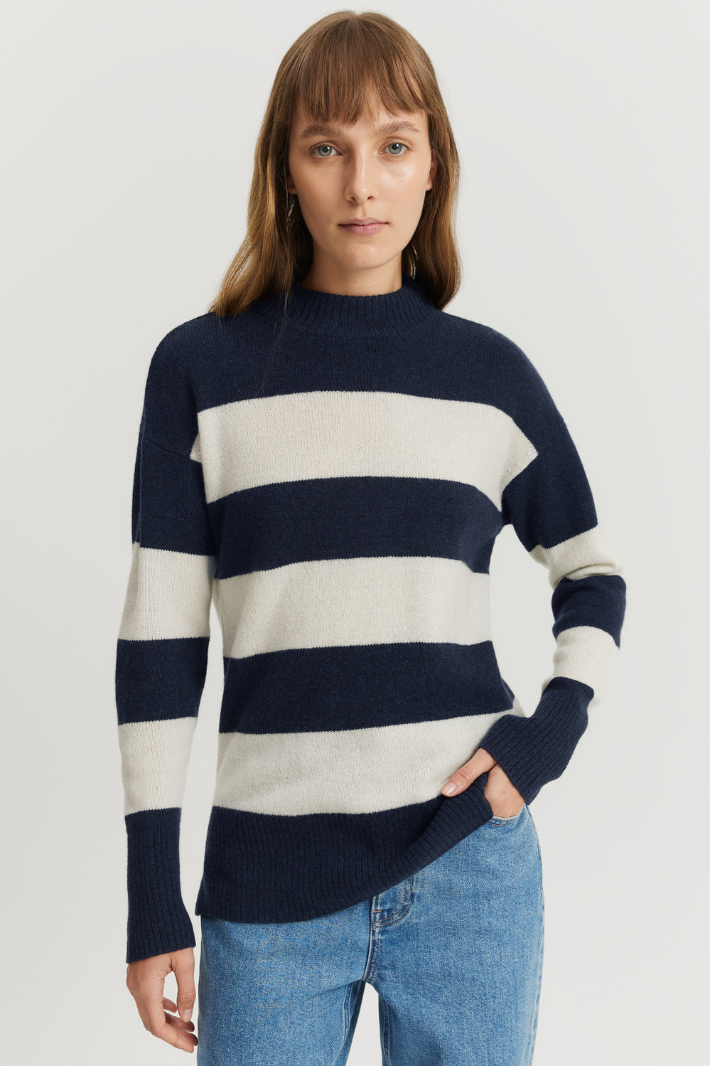 Merino Wool Rib Detail Stripe Pullover