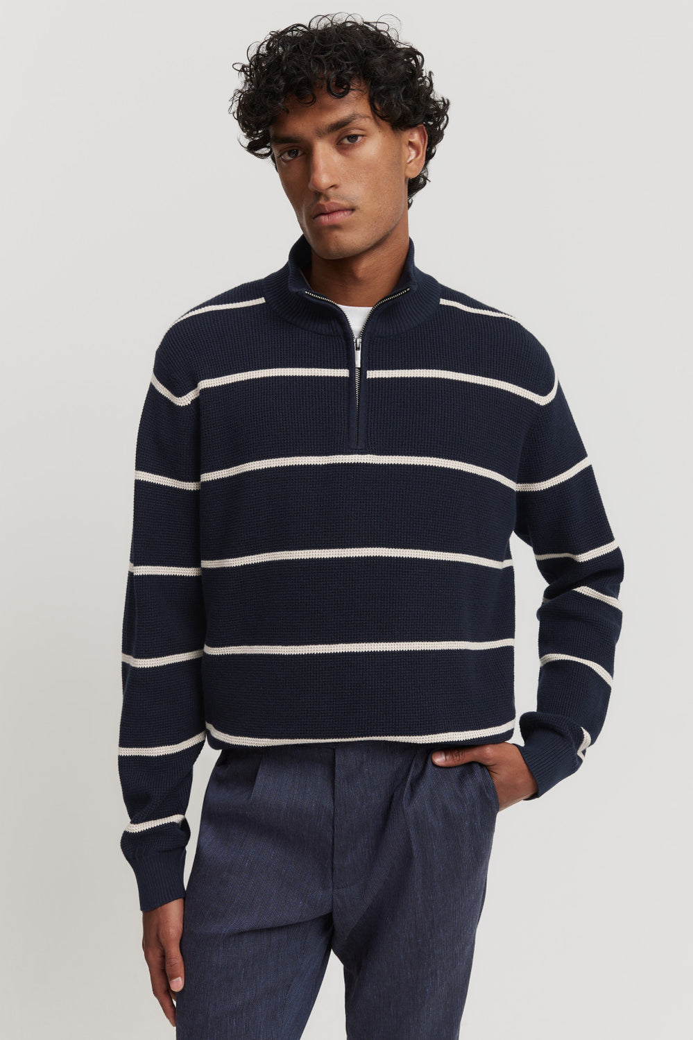 Cotton Stripe Half Zip Knit